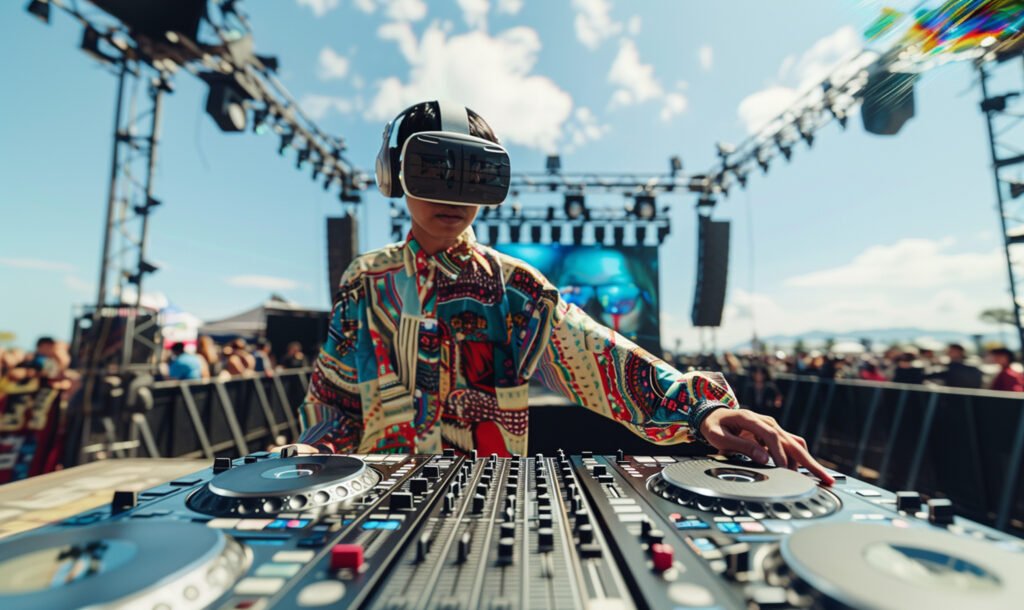 futuristic set with dj charge music using virtual reality glasses